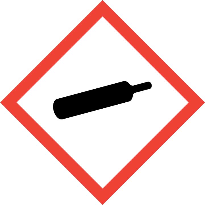 Symbol för gaser under tryck. En röd ram med med vit bakgrund och en svart behållare.